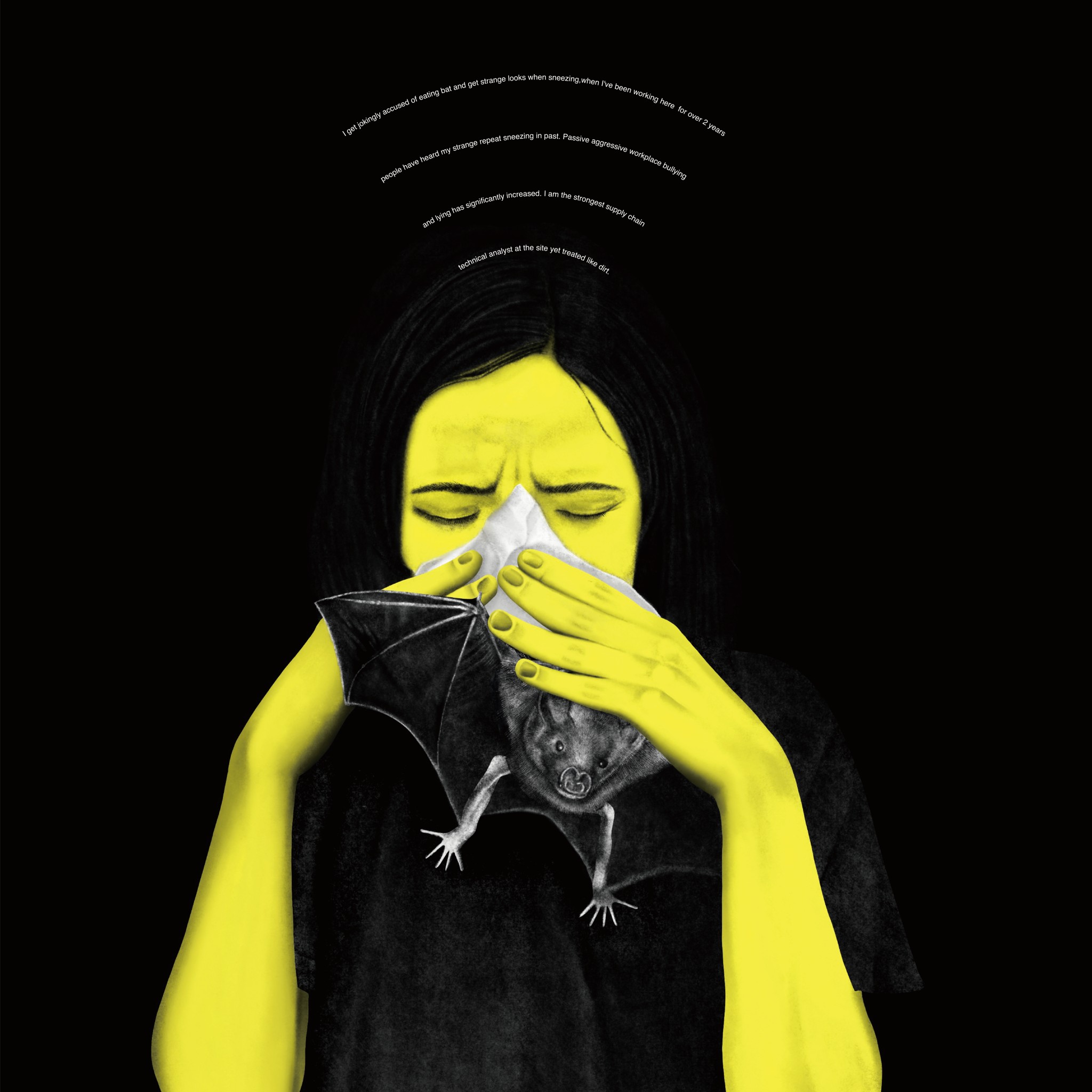 One of Wang's intricate pieces portraying a woman from the AAIP community blowing her nose with a bat to portray stereotypes from the COVID-19 Pandemic.