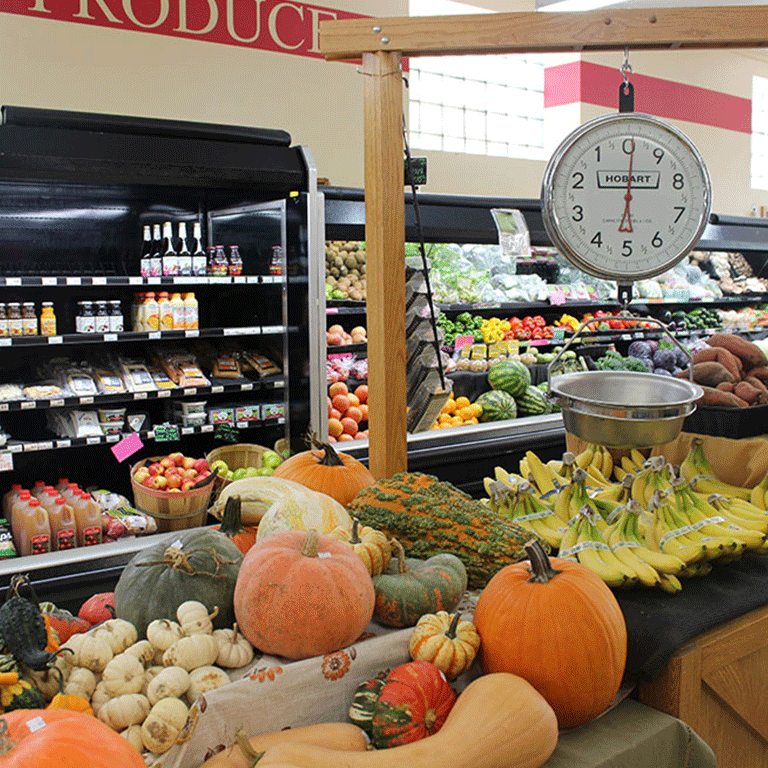 Fresh fruits and vegetables at grocery store. 